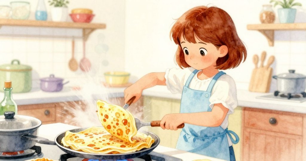 Yara快速揮動鍋鏟翻動顫抖的可麗餅，畫面捕捉動態瞬間，廚房明亮充滿活力，展現技藝與專注