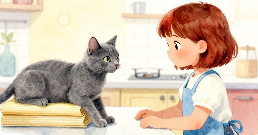 Yara停下動作稍作歇息，臉上帶著滿足的微笑，貓安靜地坐在一旁看著整齊的可麗餅塔，廚房散發溫馨氛圍