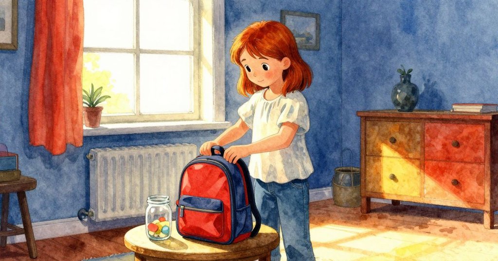 清晨室內溫暖光線中,女孩動作輕快擺放書包,透出好奇與專注,背景有窗外日光與霧氣。