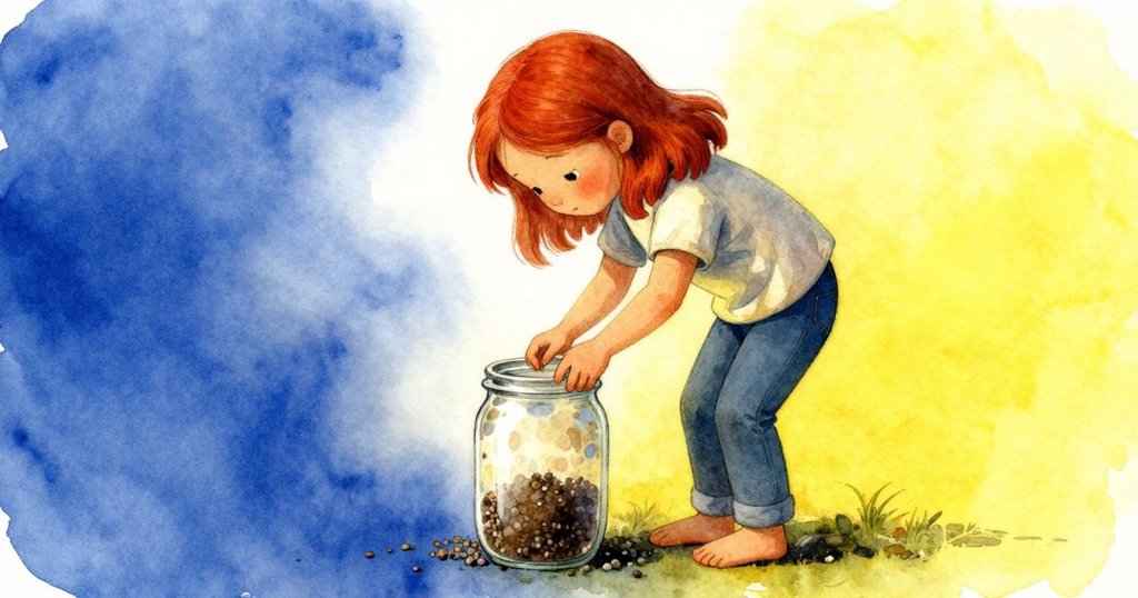 女孩聚精會神俯身觀看玻璃瓶,細膩層次展現砂礫與土壤,光線溫柔流動呈現神秘感。