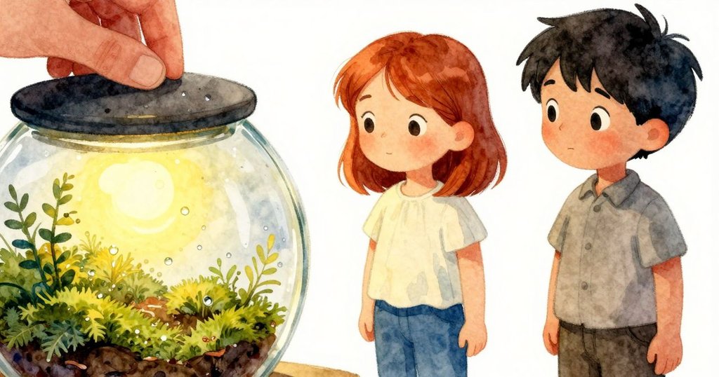 細緻特寫玻璃瓶,手指輕提蓋子露出凝珠滴落至青苔,光影交織流露魔幻微妙瞬間。