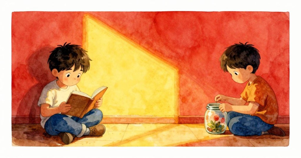 室內寬幅畫面中,男孩手持習作暫停計數,女孩專注觀看玻璃瓶內雲霧,光影交錯敘事連貫。