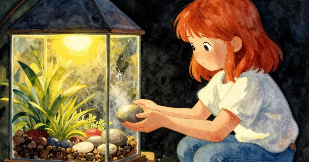 女孩最終細心放置圓滑鵝卵石於玻璃瓶內,小心噴霧恢復平衡,溫馨光線映襯內部層理和諧。