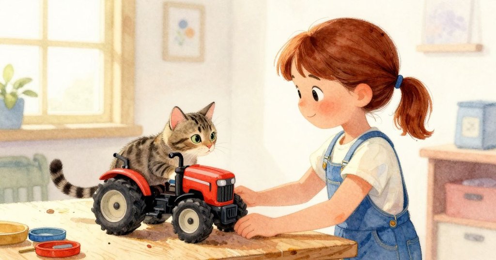 羅絲琳在晨光中走入工作室，溫柔地擺放木製拖拉機，虎斑貓靜觀場景，充滿希望與暖意