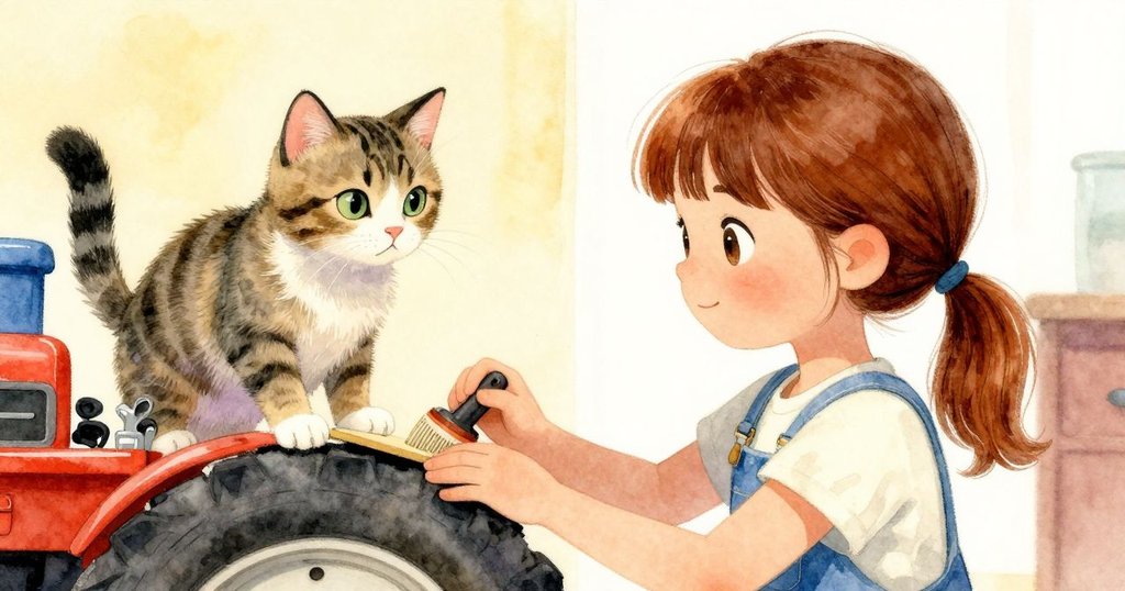 羅絲琳在工作台前用砂紙磨輪，層次分明的工具與零件映襯背景虎斑貓靜候，現場生動