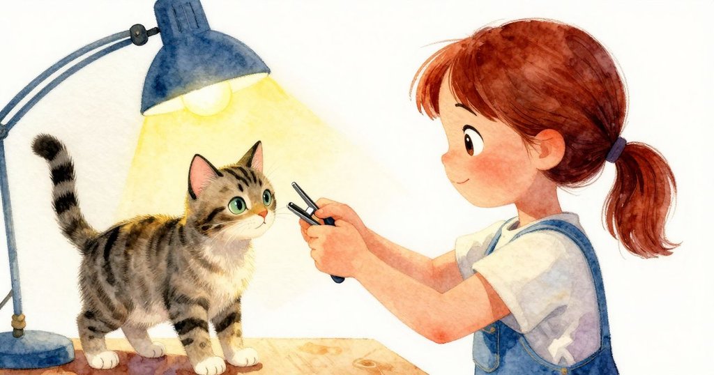 燈光轉變間，羅絲琳重新夾緊輪子調整製作，虎斑貓尾輕輕搖晃，展現時間流動