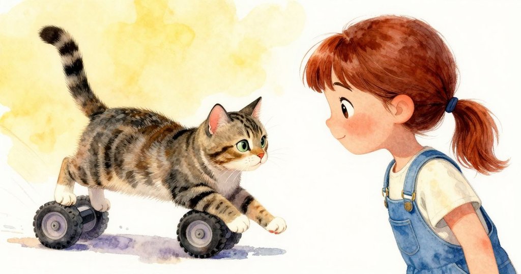 緊急時刻，夾具滑落導致輪子偏斜，虎斑貓本能伸手，羅絲琳迅速反應，場面動感十足