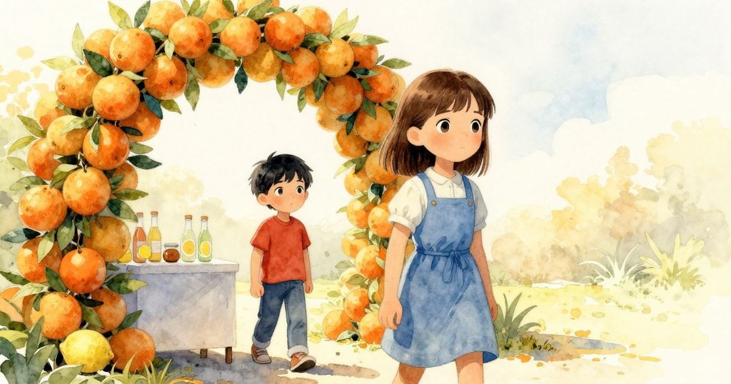 Estelle穿過柑橘樹拱門進入攤位,Kieran忙著佈置檸檬水攤位,陽光普照,充滿期待與溫暖氣氛