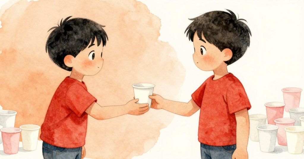 Kieran熱心提供免費紙杯,客人好奇觀看,桌上紙杯整齊與模糊價格標形成對比,展現溫暖攤位互動