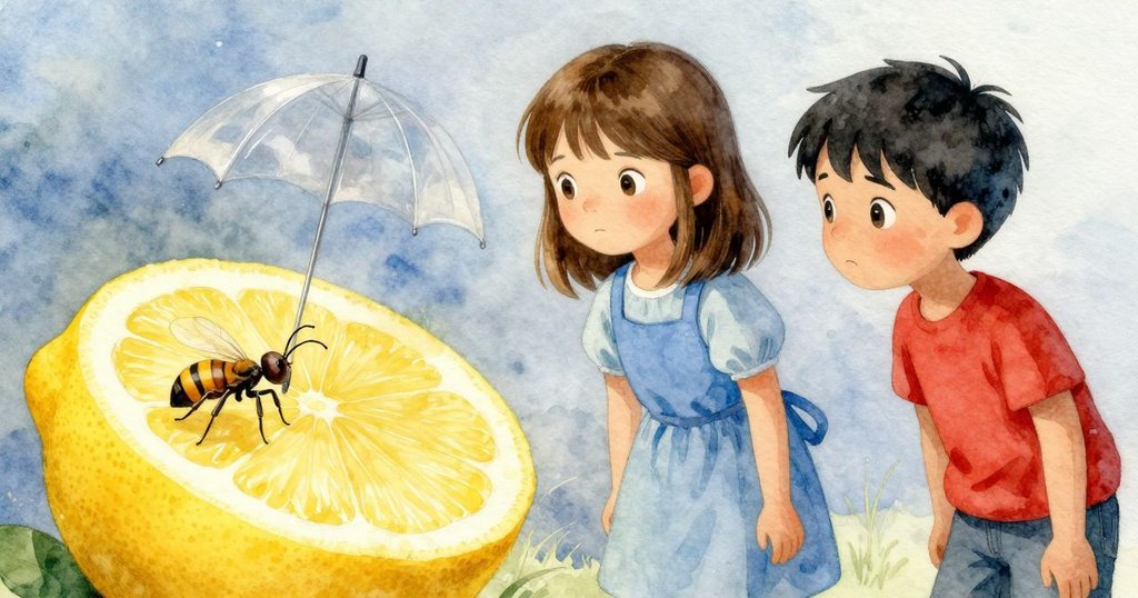 螞蟻沿傘桿攀爬,意外碰上巨大的檸檬半釋放柑橘霧氣,引來蜜蜂環飛,畫面充滿超現實對比