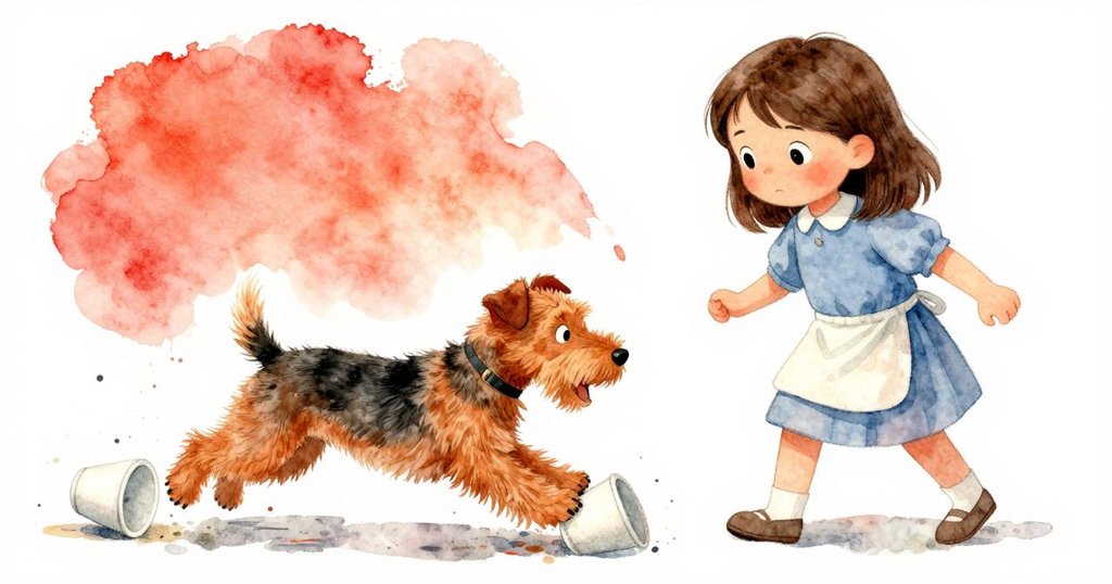 小狗迅速撲向滑動的紙杯,Estelle因椅子劇烈傾斜而露出驚訝神情,畫面充滿急速動感與緊湊互動