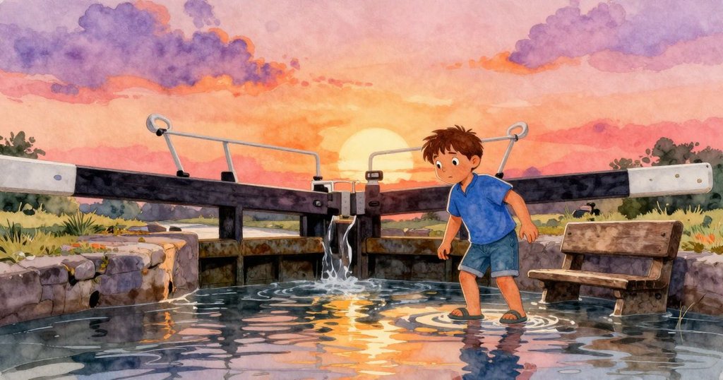 道希爾走向古老運河閘，背景是溫暖夕陽照耀下的水面與落葉，展現開始冒險的期待情感