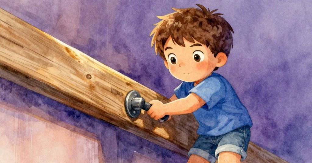 道希爾專注地轉動沾膩的鐵把手，細部特寫展現雨水沖刷後的紋理與老舊感，充滿認真情緒