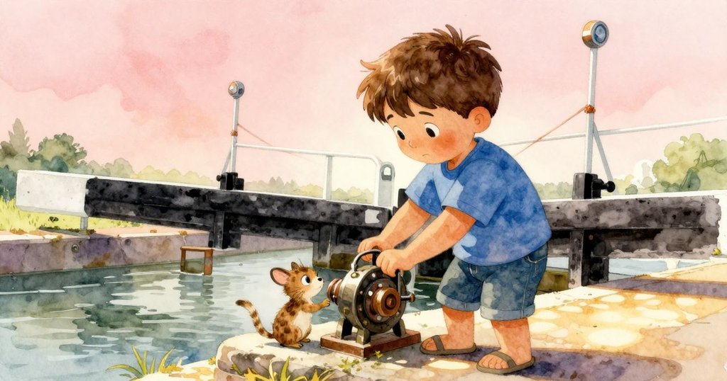 小動物從石塊旁好奇地觀望道希爾調整閘門機械裝置，畫面展現人与自然間微妙互動與探索情懷