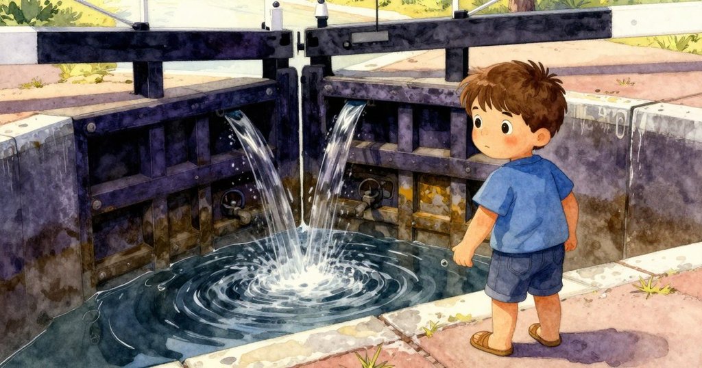 道希爾仔細觀察運河閘室內兩種對比情境，一側水流湍急，另一側隱蔽靜謐，展現探索與發現之情