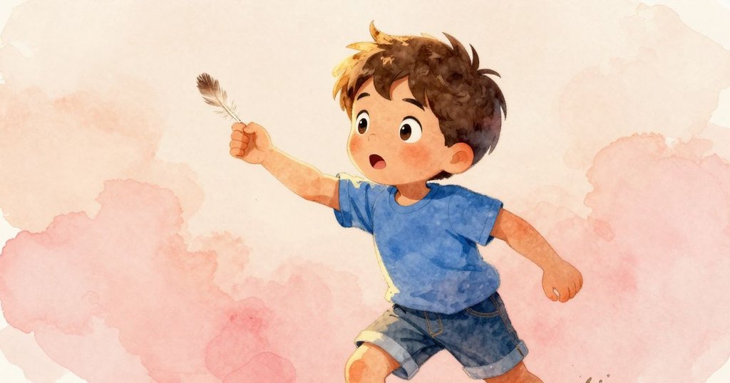 道希爾在平衡樑上動作間突然停住，衣袖上落下一根輕盈羽毛，神情驚訝而充滿柔和光線