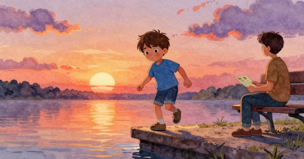 在夕陽餘暉中，道希爾自信地走下樑，家長於旁邊長椅上閱讀歷史傳單，環境溫馨平和，展現結局之寧靜