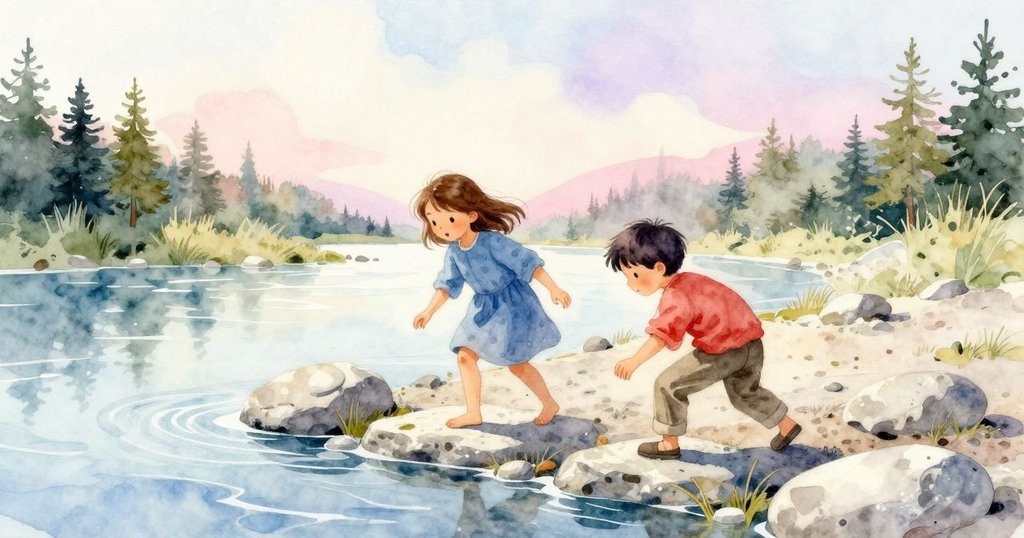 小女孩和小男孩在河邊石堆上互動，背後有搖晃的石柱和遠處的河流，兩人動作專注表情堅定