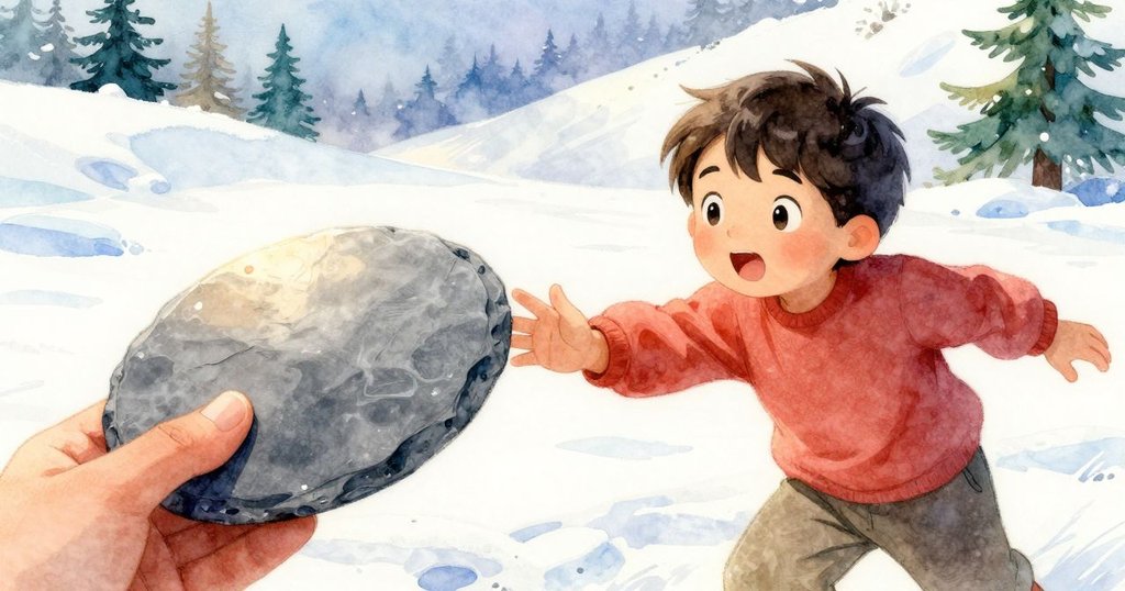 小男孩伸手去拿石盤，灰石堆中浮起微塵，從他的角度展現動作與自然光影，充滿好奇感