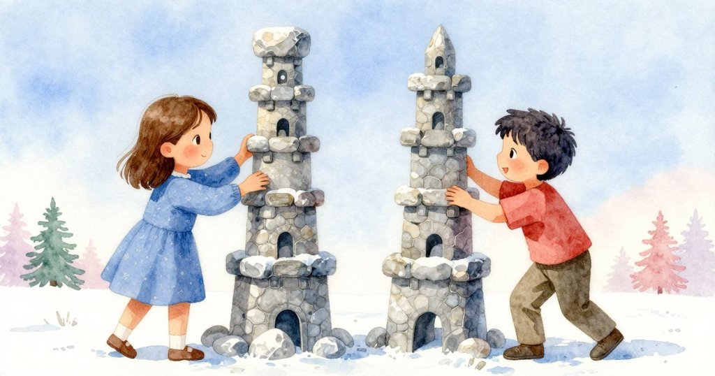 兩個孩子分別調整石塔，一邊滾動小石盤一邊安置大石板，背景中有搖晃的石柱和靜河，展現協同努力