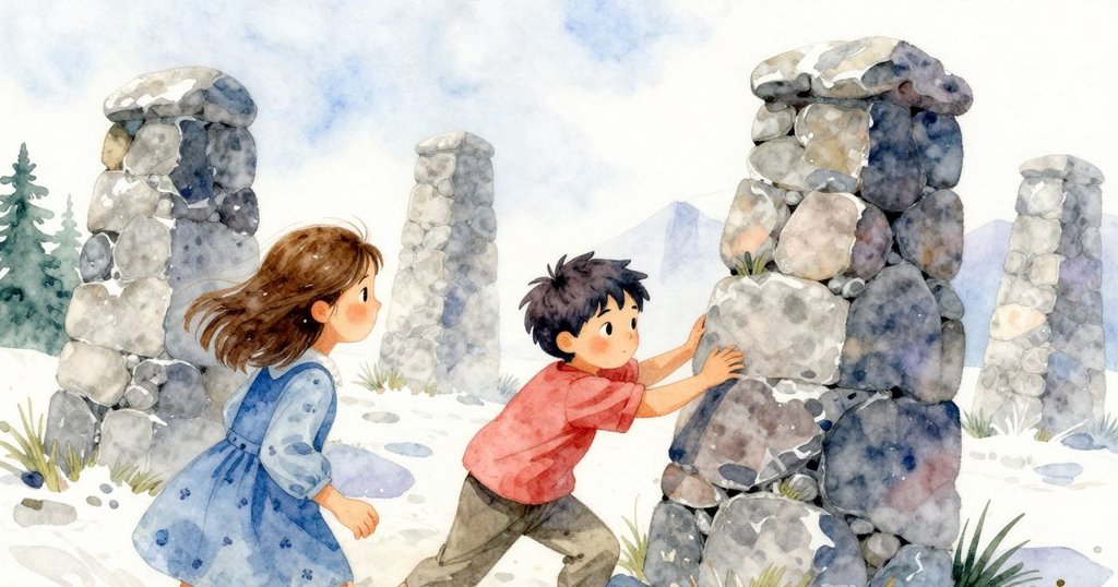 隨著一陣強風來襲，石塔微微傾斜，小男孩腳踝被滾動的石頭輕觸，兩個孩子迅速調整石塊，神情堅定