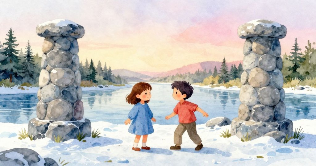 在柔和金色暮光中，兩個孩子站在穩固的石塔旁，彼此交換安慰的點頭，倒下的石柱在最後光線中閃爍，小鳥靜靜棲息