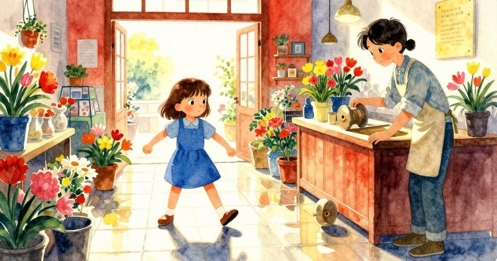 Keira在花店開始意外,用手拉扯緞帶捲盤滑脫落下,瓷磚反射光芒,物件互動展現故事開端