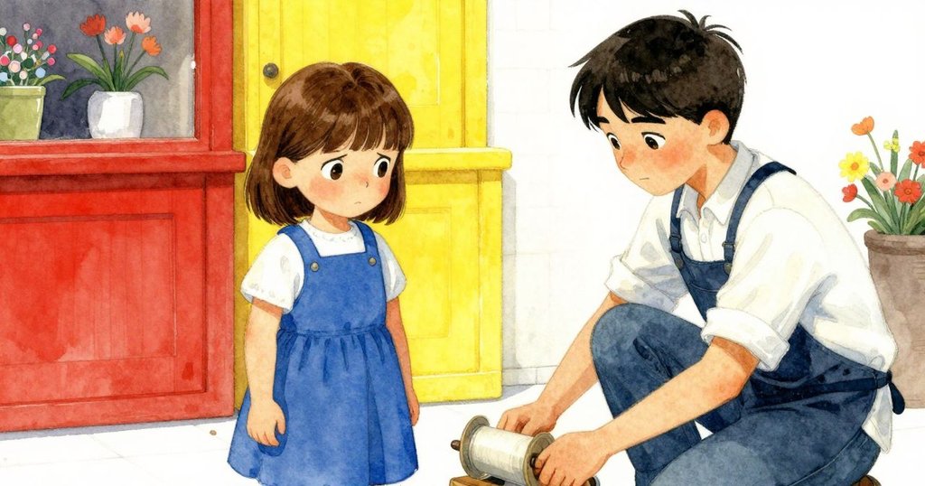 Keira專注且略帶擔憂的臉部特寫,用鞋穩住滾動的緞帶捲盤,透出堅定與細膩情感