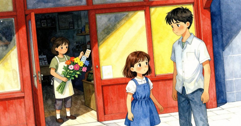 透過花店開放的門看見Keira手拿鮮豔Gerbera花,家長於窗邊精心整理明信片,營造故事情境