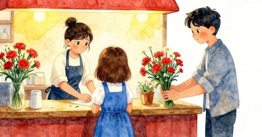 花店中花藝師在櫃台旁細心擺放康乃馨及浸泡雛菊,燈光柔和,動作溫暖展現細膩關懷