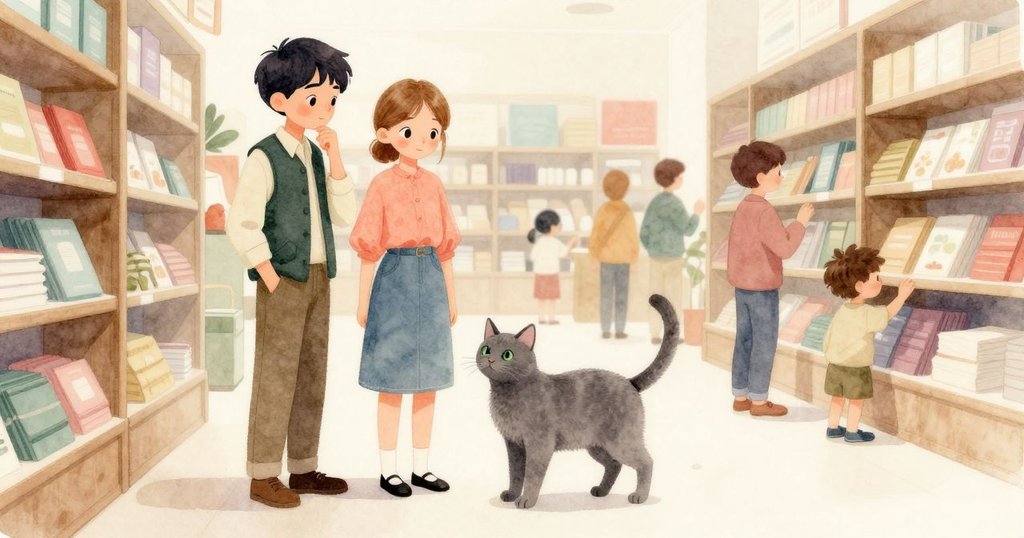 在溫暖的小店裡，木架上整齊排列雪松束，Waverly與Zeke及灰貓互動，氛圍活潑溫馨。