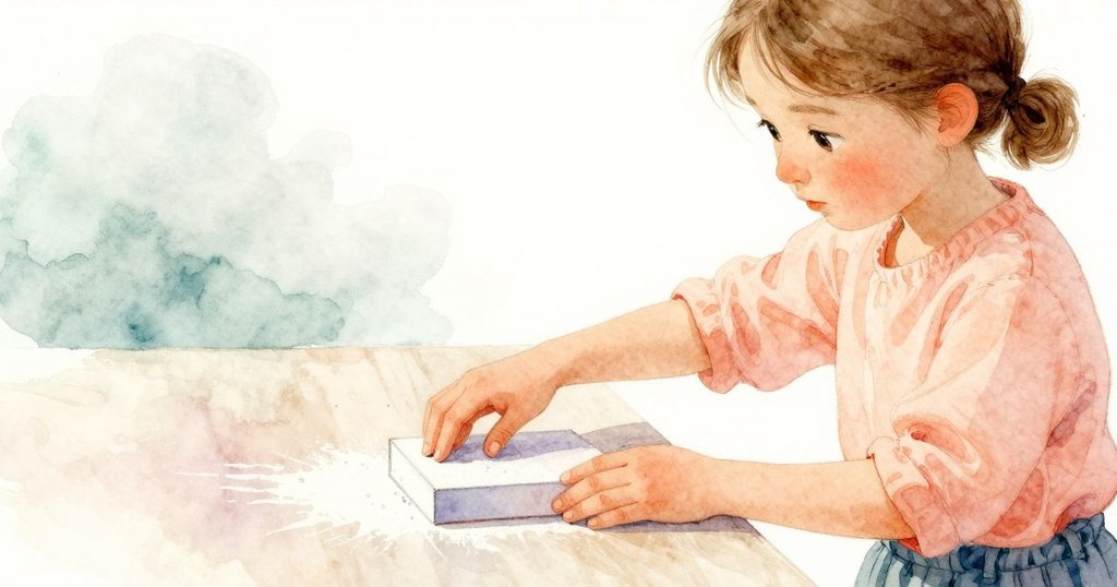 Waverly輕推細長盒子，手指輕觸細微粉末，櫃台光滑明亮，神情專注溫柔。