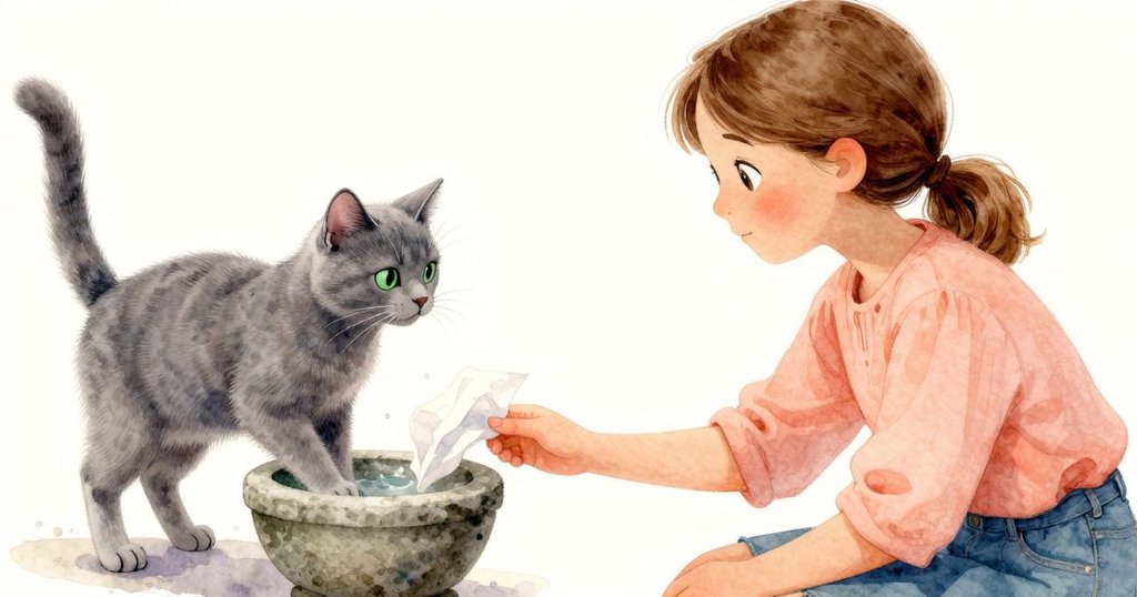 涼風輕拂Waverly手指，紙巾在石臼旁隨風舞動，灰貓靜觀動作，畫面動感柔軟。