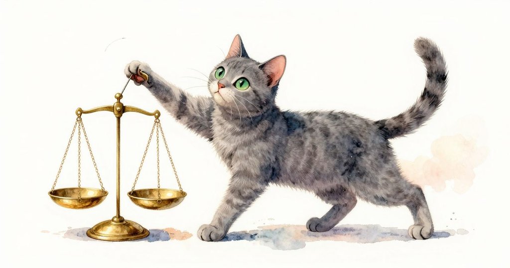 灰貓伸展身體撥弄銅秤，指針隨動作彈跳，畫面充滿趣味與輕快動感。