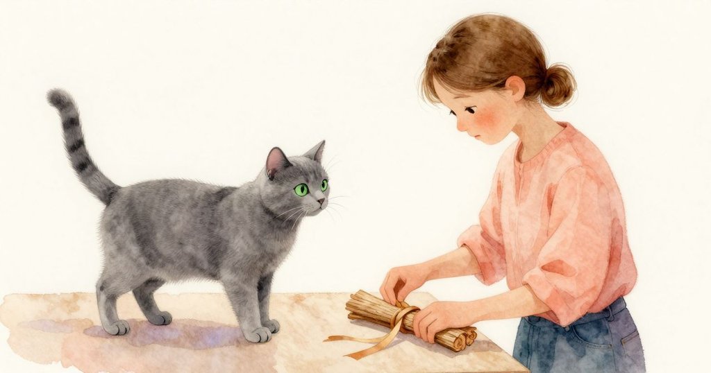 Waverly細心包裹雪松束綴綠絲帶，銅鍋安落，灰貓靜臥溫暖角落，場景寧靜祥和。