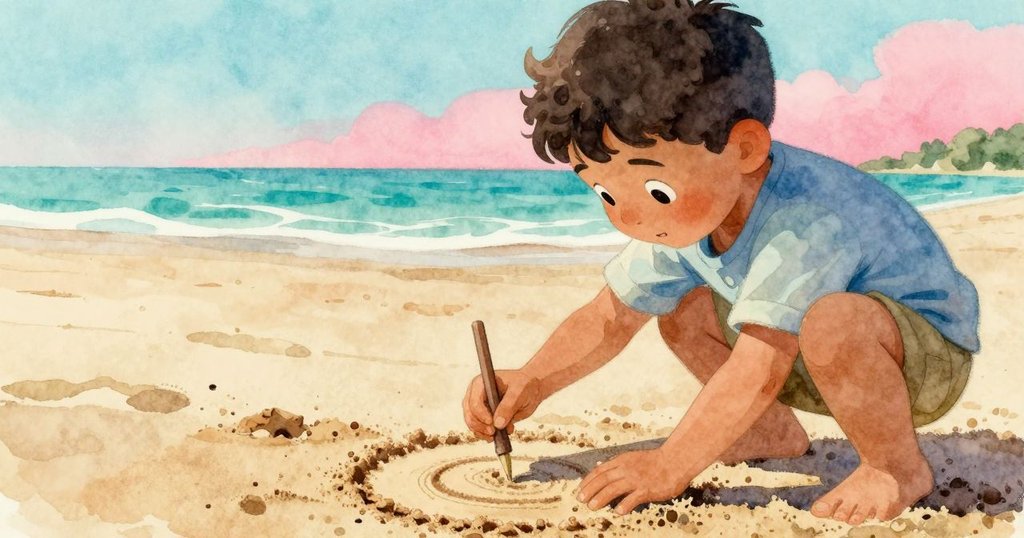 克萊德專注地用漂流木在涼濕沙灘上畫圈，手部細節清晰展現創作時的用心與精細動作