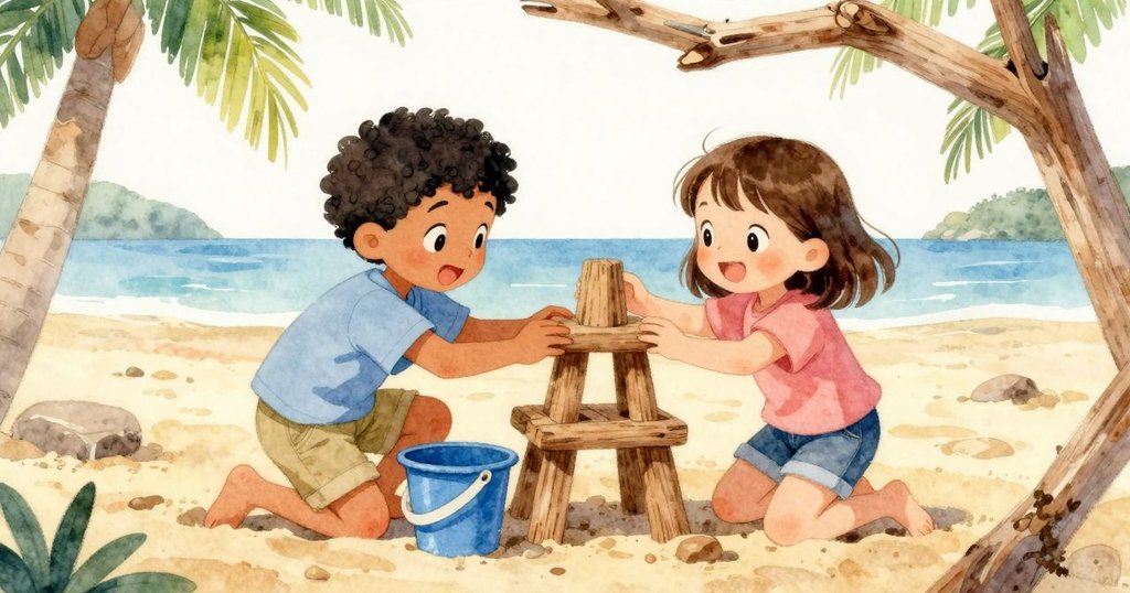 克萊德走向專注堆沙堡的妹妹，透過漂流木間隙觀察，兩孩童互動自然，展現創意與合作的氛圍