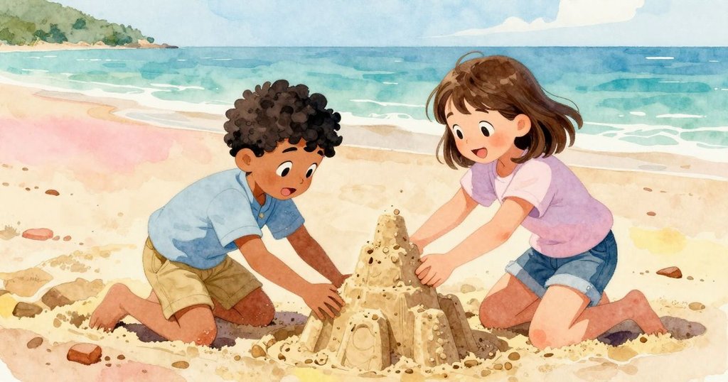 兄妹手牽手在海灘上建造沙堡，動作協調有力，背景透露出海浪輕拍沙岸，呈現團隊合作與創意精神
