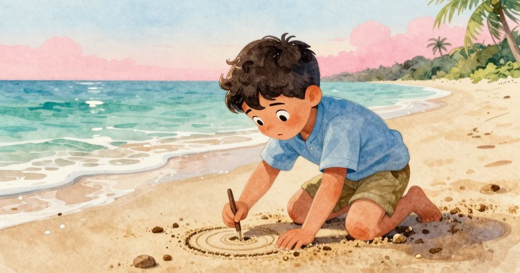 克萊德面露堅定與困惑，在水邊重新描繪沙圈，背景海水輕輕侵蝕原有沙雕，情緒由低谷至新希望