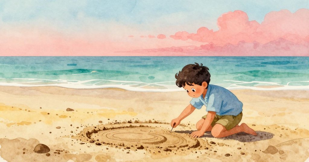 克萊德站在完成的沙畫旁，背向開闊海平線，神情滿足，海浪輕拂背景，展現堅持與新起點的美好情懷