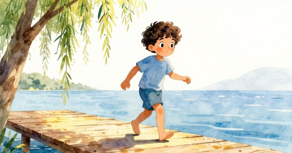 Zephyr踏入碼頭，柳樹拱影下釣竿平衡，陽光灑下，環境寧靜溫暖，充滿期待。