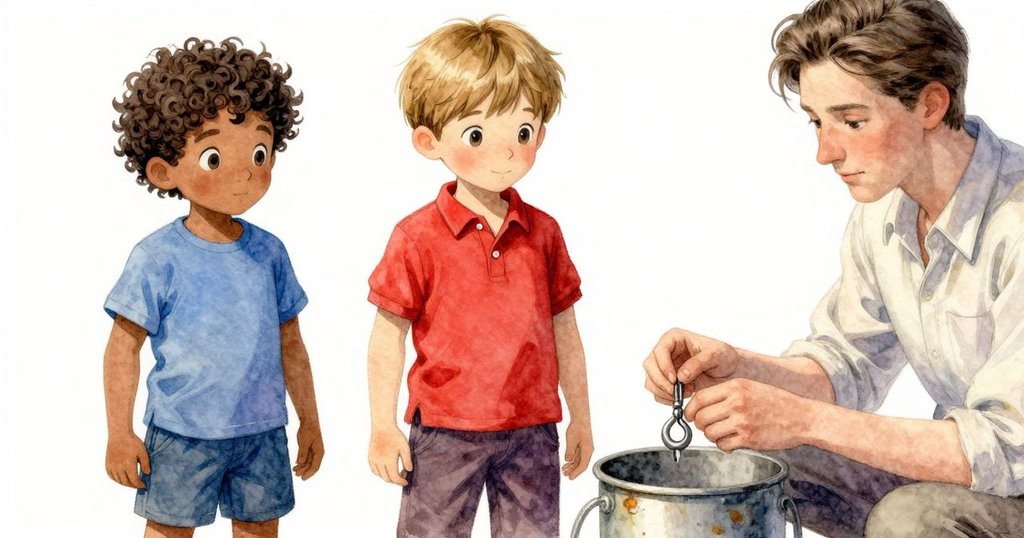 Zephyr的手指細緻檢查釣鉤和餌料容器，金屬反光與質感對比明顯，光線柔和。