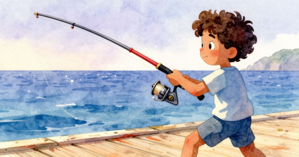 釣竿滾向湖邊，線輪旋轉，未繃緊的繩索快速移動，Zephyr緊握釣竿應對動作。