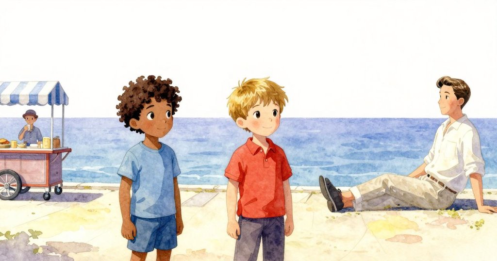 場景漸趨平靜，浮標穩定，碼頭旁小販飲杯，Zephyr與Paul面露安心，湖面波光粼粼。