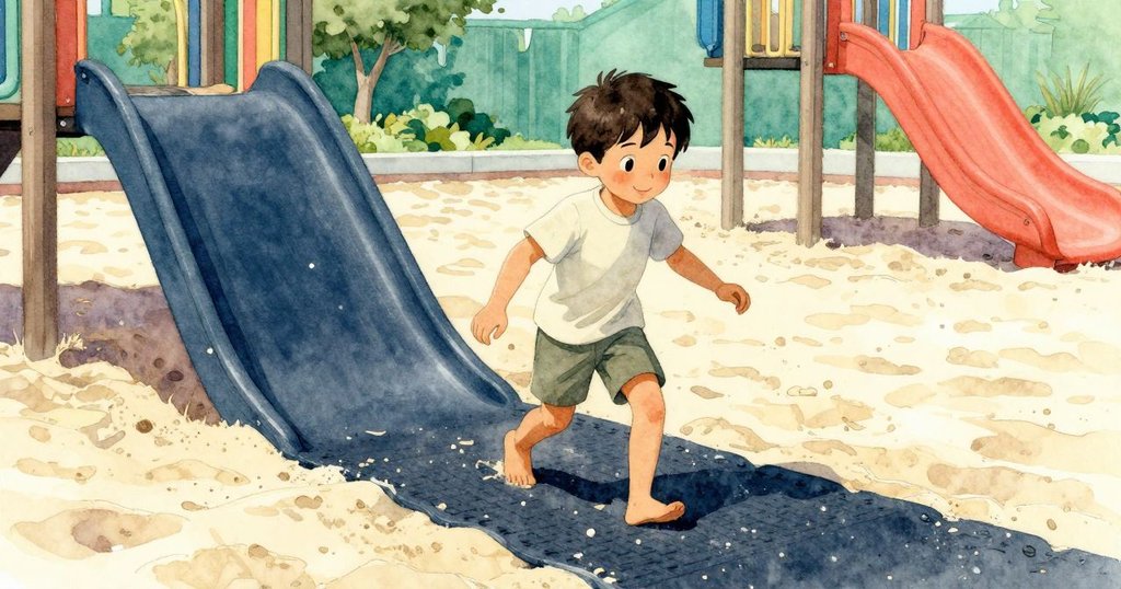 克魯斯踏上沙盒旁的橡膠墊, 周圍有沙丘與簡易護欄, 充滿期待與好奇, 戲劇性光影環境展現冒險開始