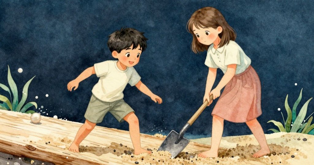 克魯斯的手握著鏟子摩擦木框邊緣, 沙粒紋理清晰展現, 溫暖光線下彰顯專注與細膩情感