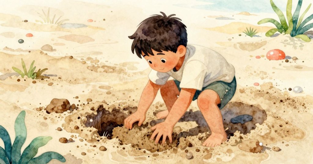 克魯斯在沙盒中用力挖掘, 濕潤沙子逐漸聚集, 背景隱約有噴水池聲音, 臉上表現出堅持與決心