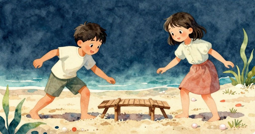 克魯斯與西爾薇目光聚焦沙中瞬間形成的木棍橋, 表情驚喜與滿足, 定格成功修復沙盒的寶貴時刻