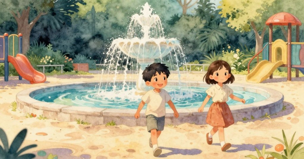 克魯斯與西爾薇手牽手走向遠處噴水池, 夕陽灑落沙盒背景, 充滿平靜與獲得成功後的喜悅, 故事圓滿結束