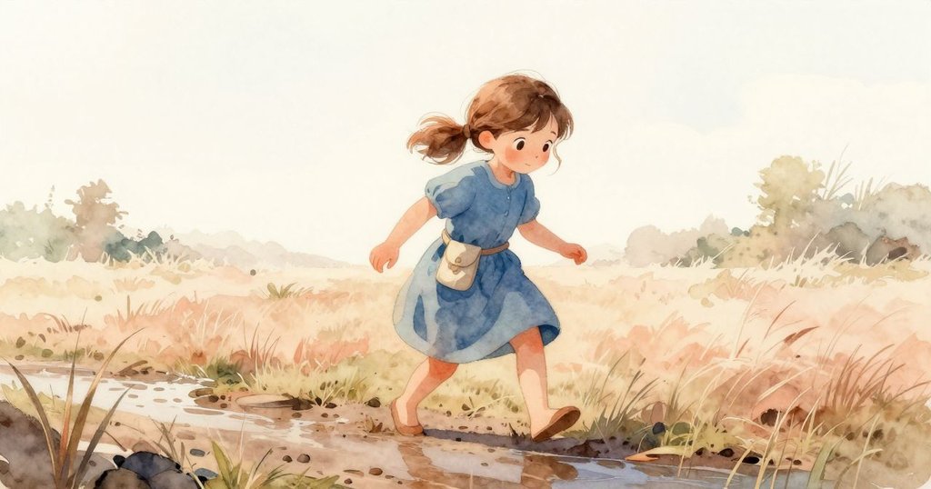 Nessa在溪邊跪地探索泥土與青苔，背景有小鳥與昆蟲，表情好奇，充滿自然情趣